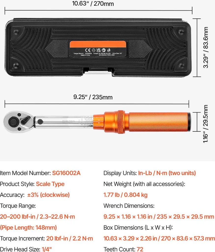 Clé Dynamométrique Manuelle 1/4 Pouce Orange et Foret de Précision - 7
