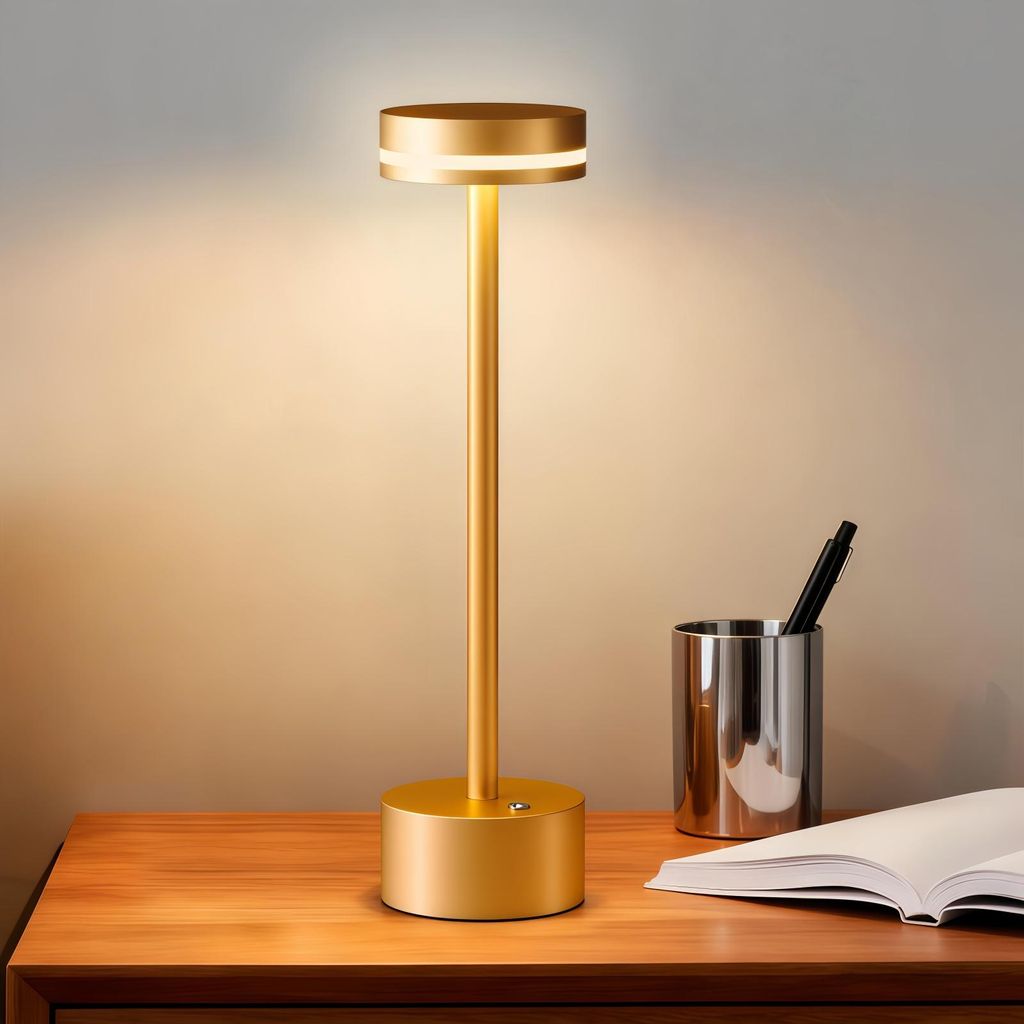 LED Tischleuchte,Kabellos Dimmbar,Touch-Steuerung,3 Farbtemperaturen Nachtlicht,USB Wiederaufladbar 1800mAh Schreibtischlampe für Restaurant Bar,Gold