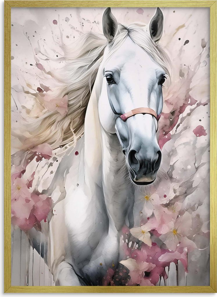 Bild Poster Dekoration in goldenem Rahmen Pferd für das Zimmer eines Teenagers 50x70