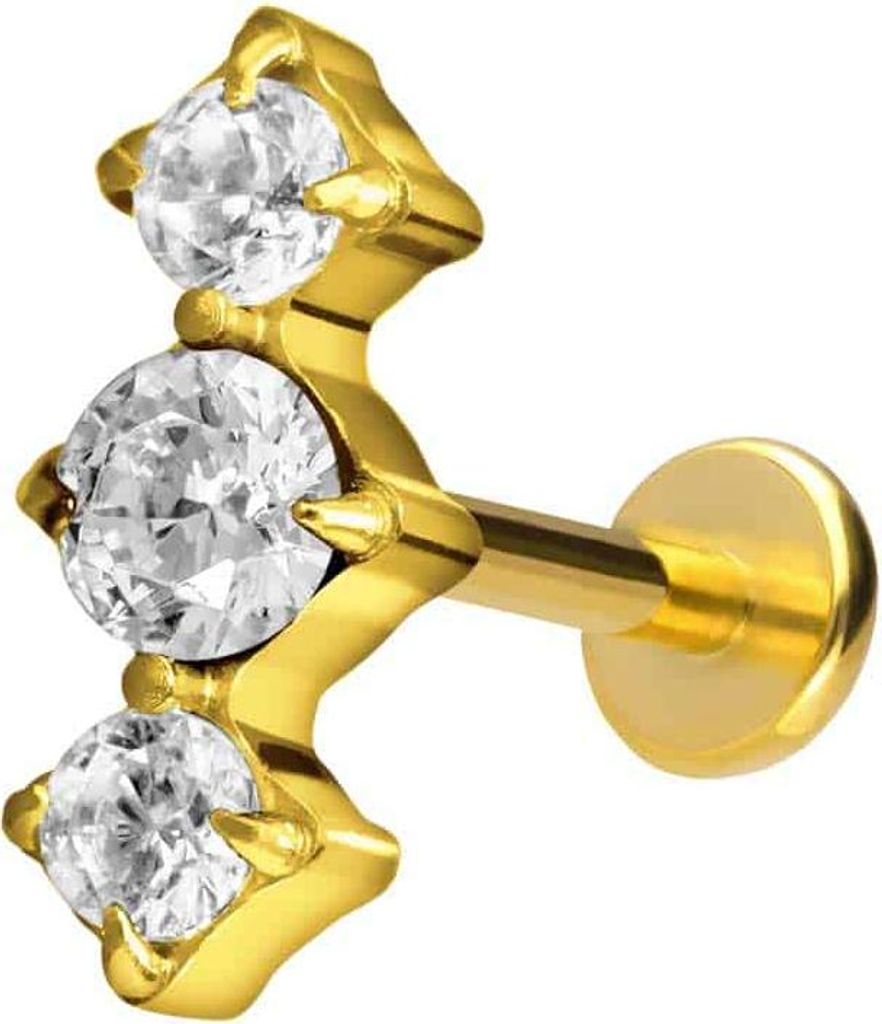 Ohrpiercing, Nasenpiercing Titan Labret mit Push Fit 3 EINGEFASSTE KRISTALLE Gold Stablänge: 10mm | Stabstärke: 1,2mm