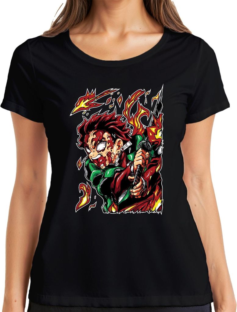 Dämonenjäger Samurai Katana Feuer Anime Geschenk Japan Y2K Streetwear Damen T-Shirt, Schwarz, S