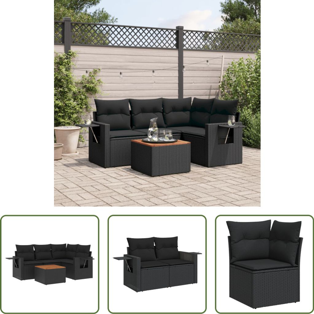 The Living Store 5-tlg. Garten-Sofagarnitur mit Kissen Schwarz Poly Rattan