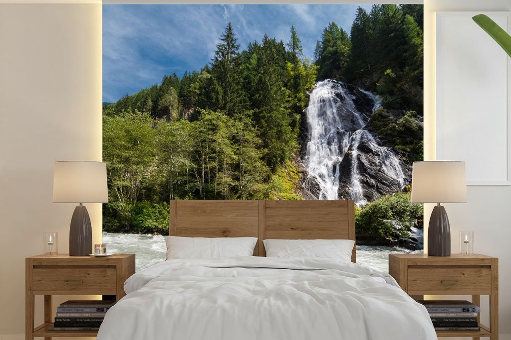 MuchoWow Fototapete für Wohnzimmer oder Schlafzimmer Wandtapete Vinyl Motivtapete Wasserfall am Großglockner in Österreich - 240x240 cm - Schl...