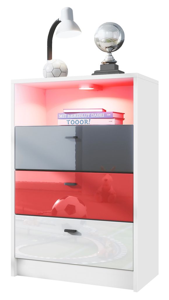 Vladon Kommode Pino V2 Fußball Bundesliga z. B. Frankfurt, Germany, Kinderzimmer Anrichte in Weiß matt mit 3 Schubladen in Schwarz, Rot & Weiß H...