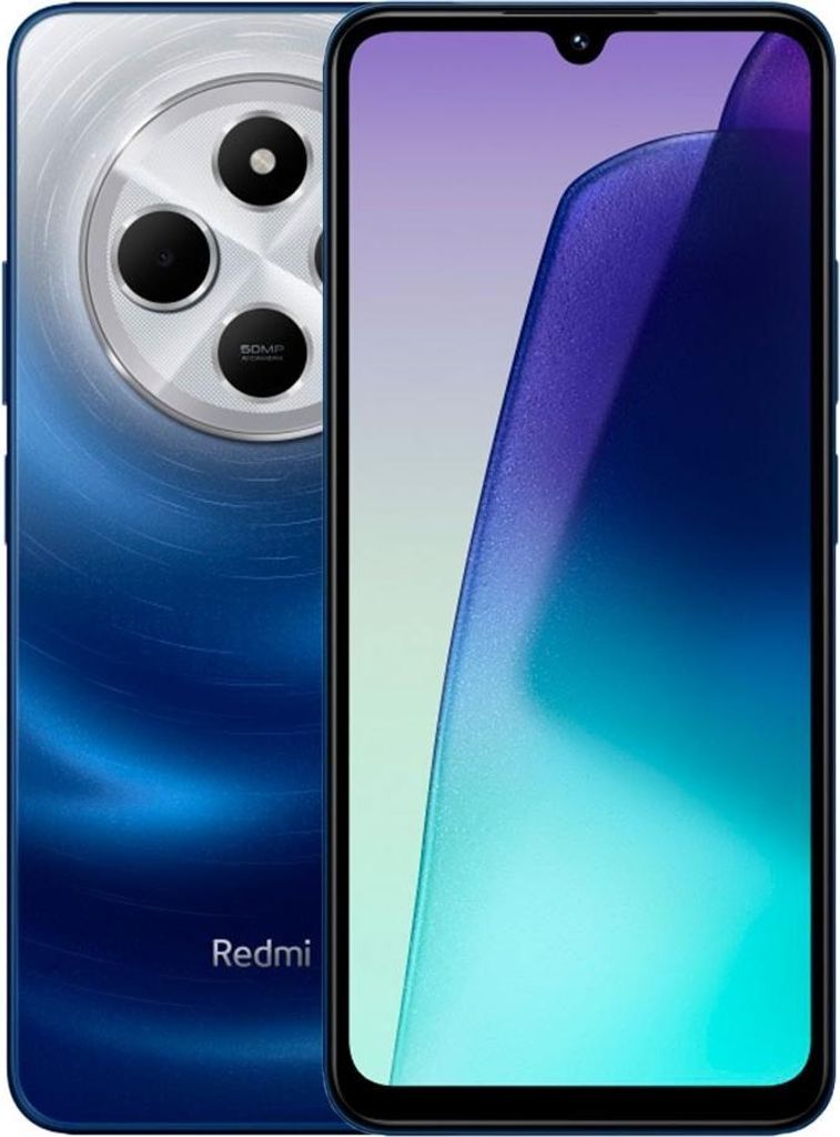 A product shot of a blue smartphone, shown from the back and front.