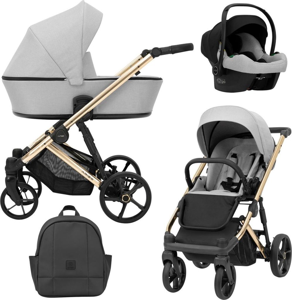 Kunert Arizo Premium 3in1 Kinderwagen in Grau mit goldenem Gestell – Leicht, stilvoll und vielseitig