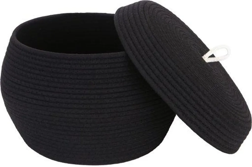 Panier de rangement pour salle de bain en coton noir avec couvercle