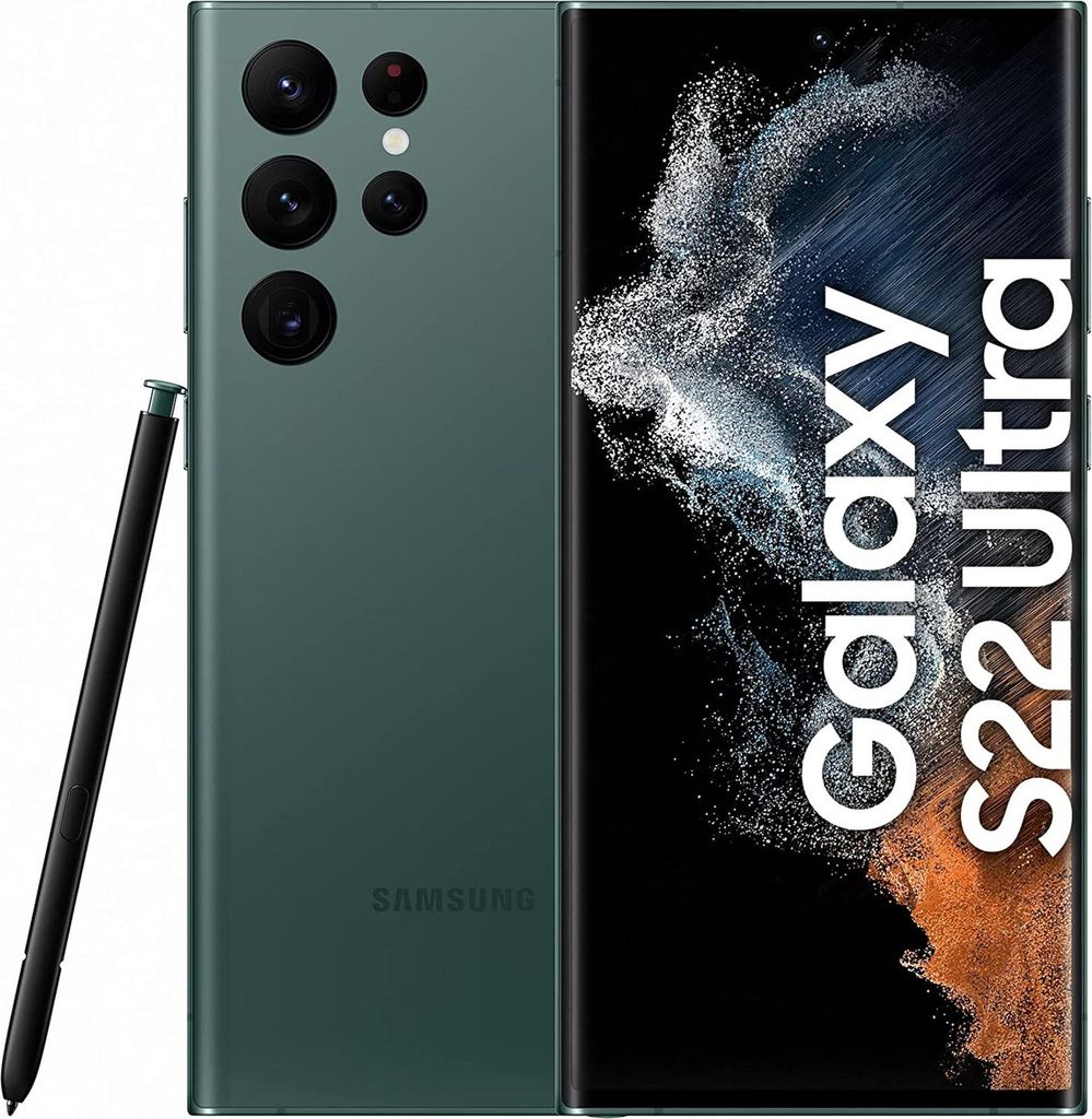 A studio shot of a Samsung Galaxy S22 Ultra smartphone in green, with its stylus pen.