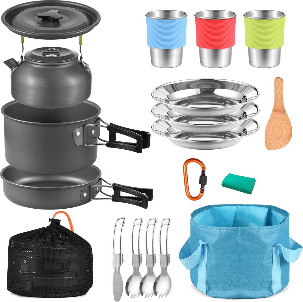 TOMSHOO 22-teiliges Camping-Kochgeschirr Kochgeschirr Campingtopf und Pfanne Kochset Outdoor Camping Wandern Rucksackreisen Survival Gear