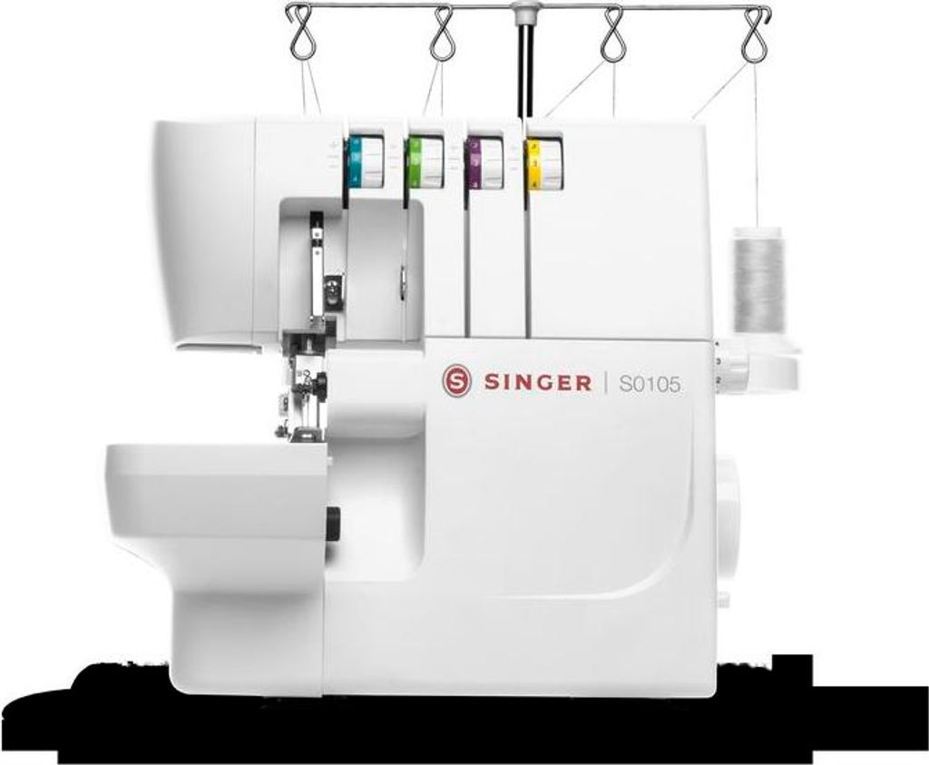 A white overlock sewing machine is shown against a white background.