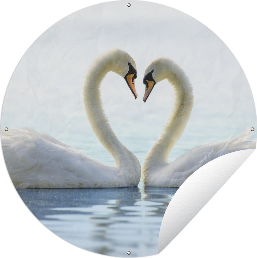 MuchoWow Gartenposter Outdoor-Poster Rund Schwäne - Herz - Ehepaar Ø 120 cm Gartendeko Rundes Poster draußen