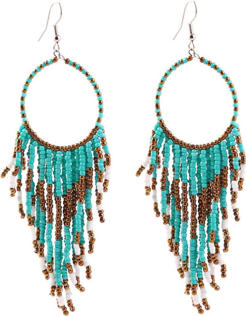 Böhmische Damen-Ohrringe mit Perlen, Quaste, rund, baumelnd, lange Haken, Statement-Schmuck-Grün