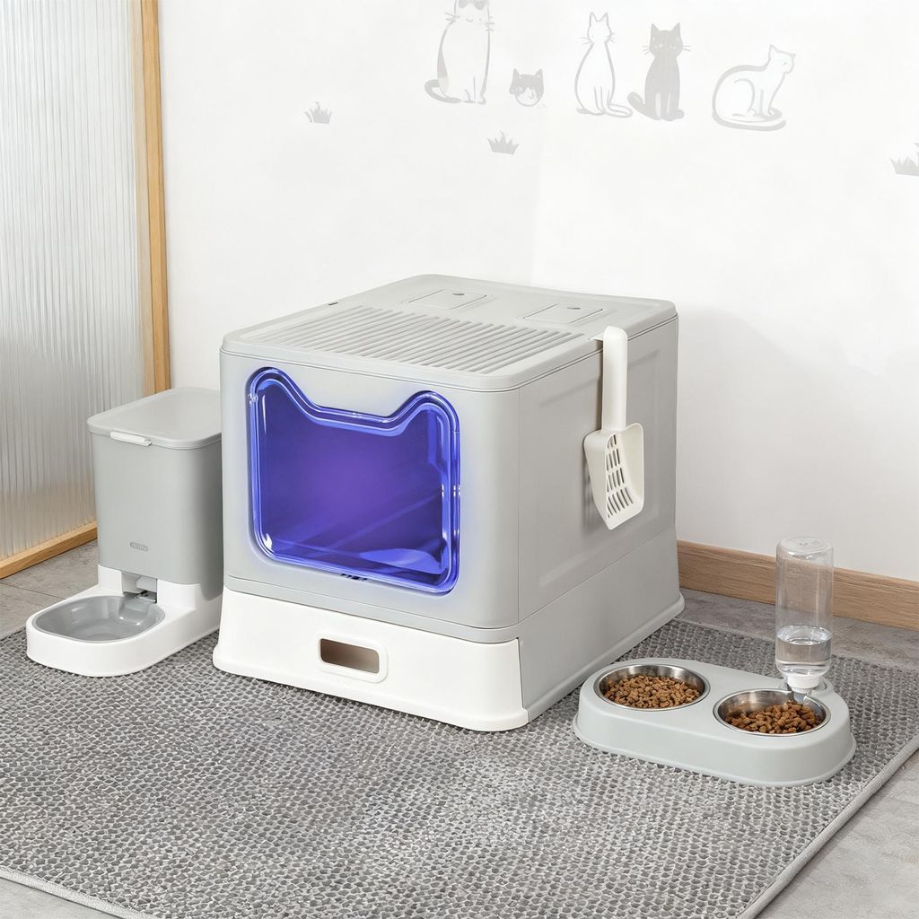 Katzentoilette mit UV-Licht,Katzenklo mit Edelstahl ausziehbares Tablett,XL Geschlossene Katzenklo,Metall Katzenklo mit Streuschaufel 38x41x51cm(Grau)