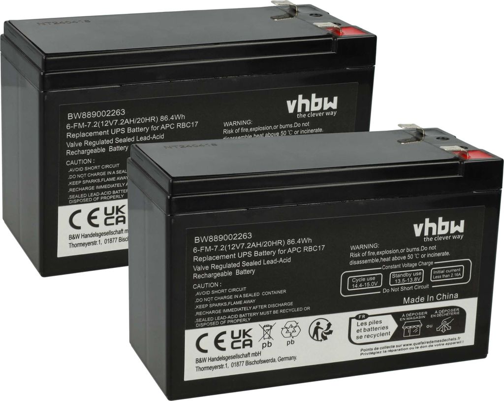vhbw 2x Akku kompatibel mit APC BE700-RS, BE700G-FR, BE700-AZ, BE650Y-IN, BE700-FR, BE700-CP, BE700-GR, BE700-KR, BE700-IT USV (7,2 Ah, 12 V, AGM)