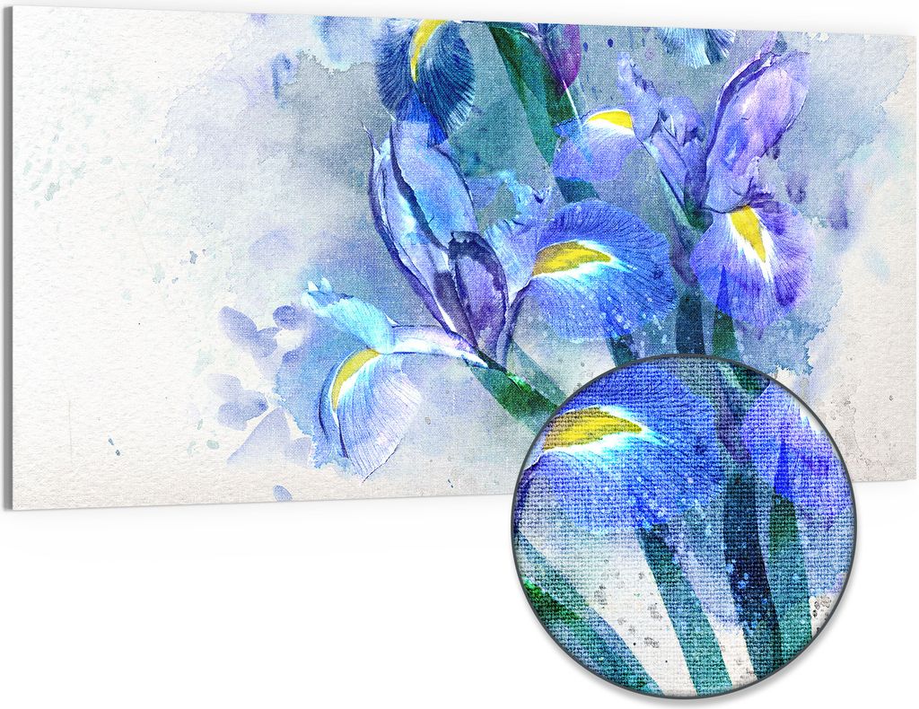 DEQORI Hybrid Leinwand Bild 100x50 cm 'Blaue Iris Pracht' Wandbild Glas flach modern