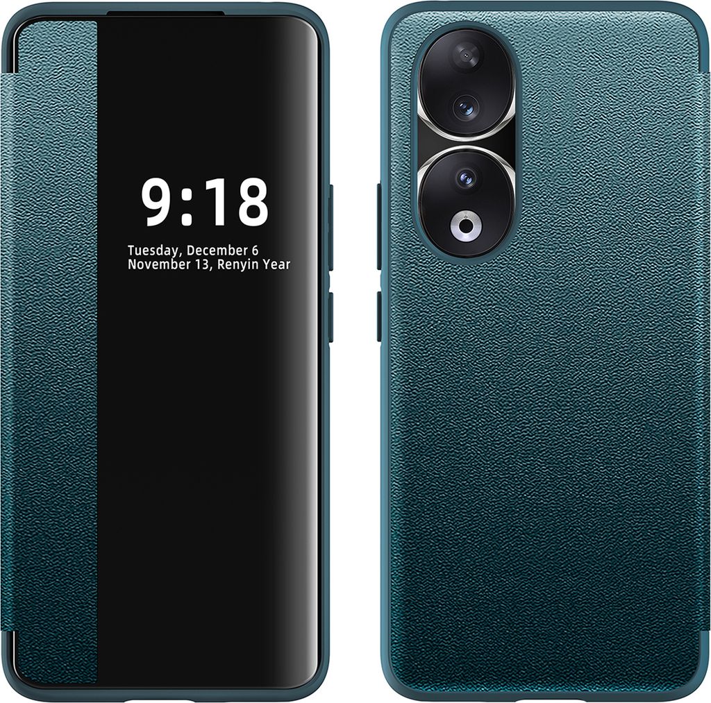 A product image showing a phone case for the Honor 90 in green, displayed from two angles: one showing the front with the screen on, and the other showing the back with the camera module.