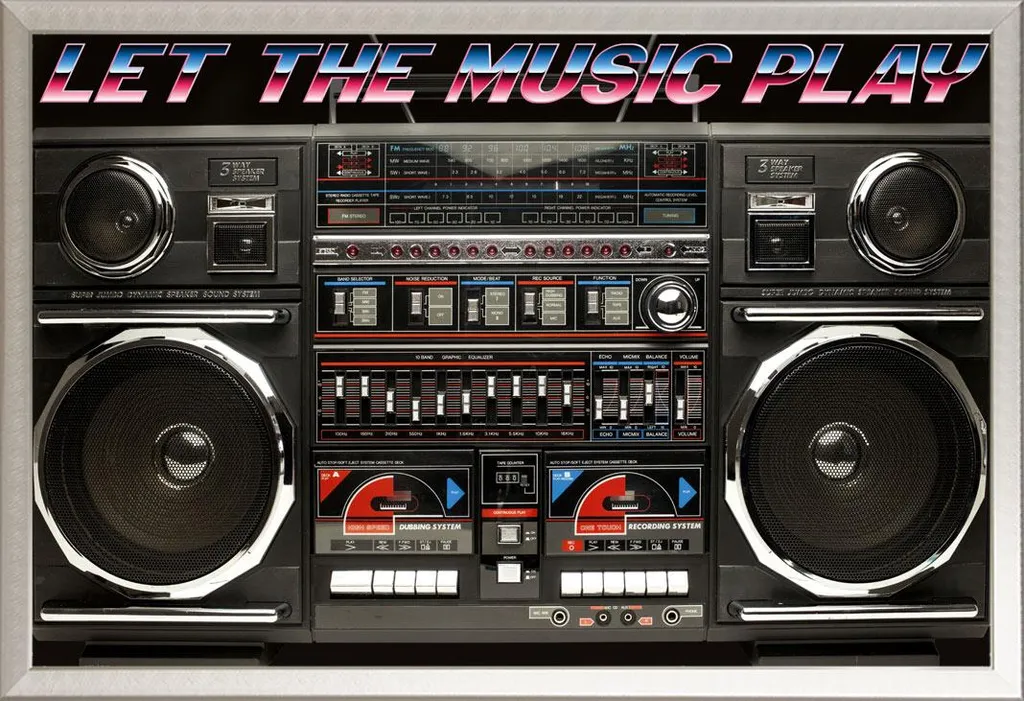 Ghettoblaster - Poster - Boombox anni '80 - Let the music play + cornice rimovibile, Shinsuke® Maxi alluminio argento, disco acrilico