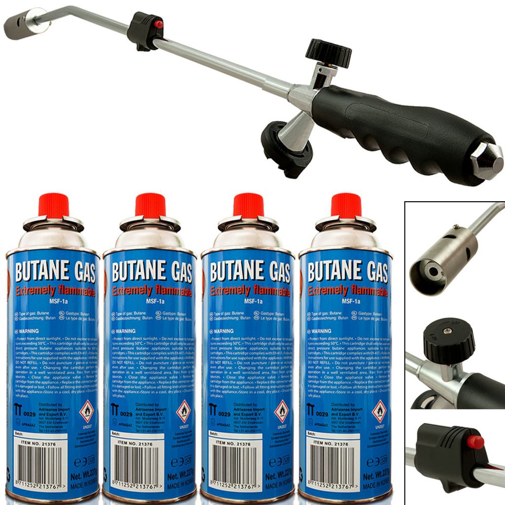 Unkrautbrenner + 4 Butangaskartuschen mit Bajonettanschluss Produktbild 