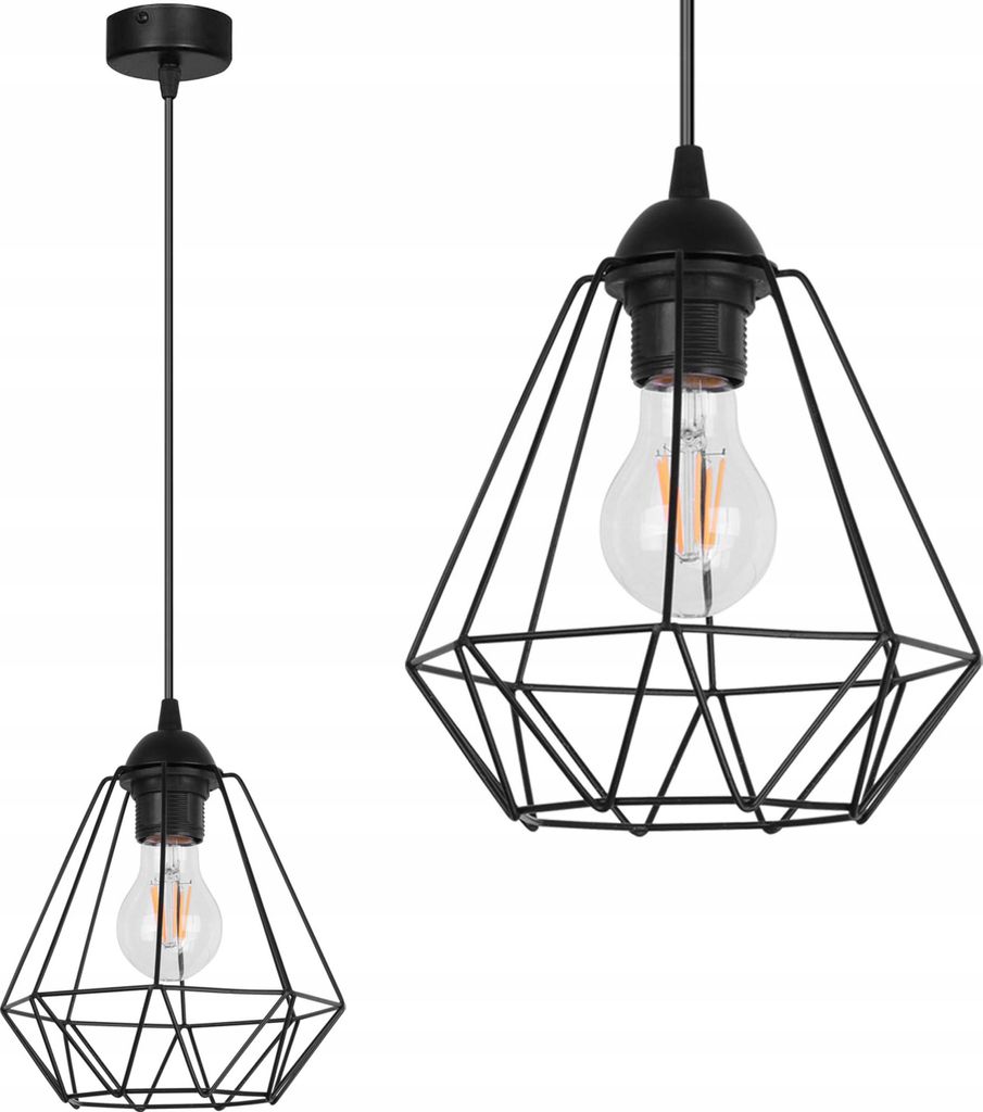 A black diamond-shaped pendant light fixture with an Edison-style bulb is shown against a white background. The image displays two views of the same light fixture: one full view on the left and a close-up view on the right.