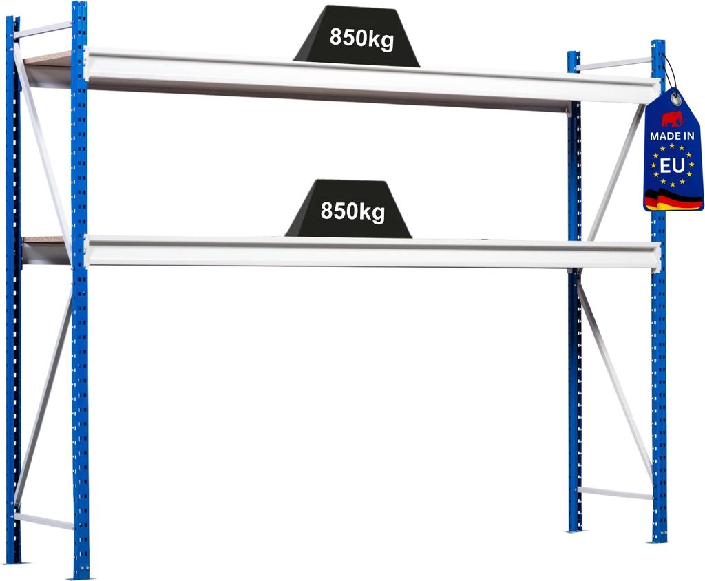 Weitspannregal MAXIMUS Pro | Grundregal | HxBxT 200x150x50cm | 2 Ebenen | Spanplatten-Fachboden | Fachlast 850kg | Lichtblau/Lichtgrau