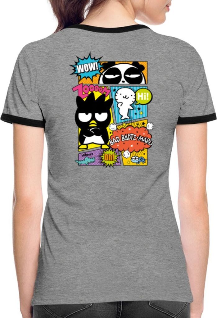 Spreadshirt Bad Badtz-Maru Mit Freunden Im Comic Stil Frauen Kontrast T-Shirt, XL, Grau meliert/Schwarz