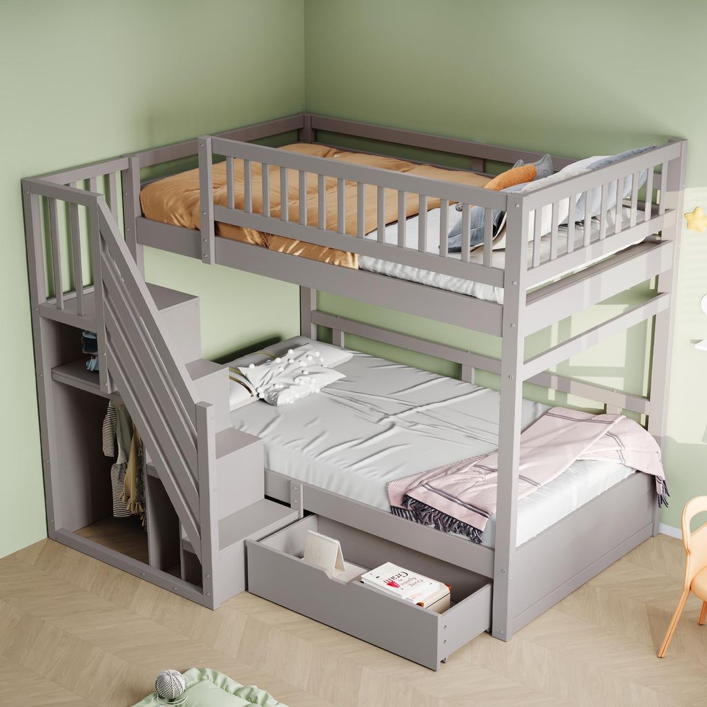 Merax Etagenbett 90x200 cm mit Treppe, Kinderbett für 2 Kinder mit Stauraum, Schubladen und Hohem Geländer, Jungenbett aus Massivholz, Grau