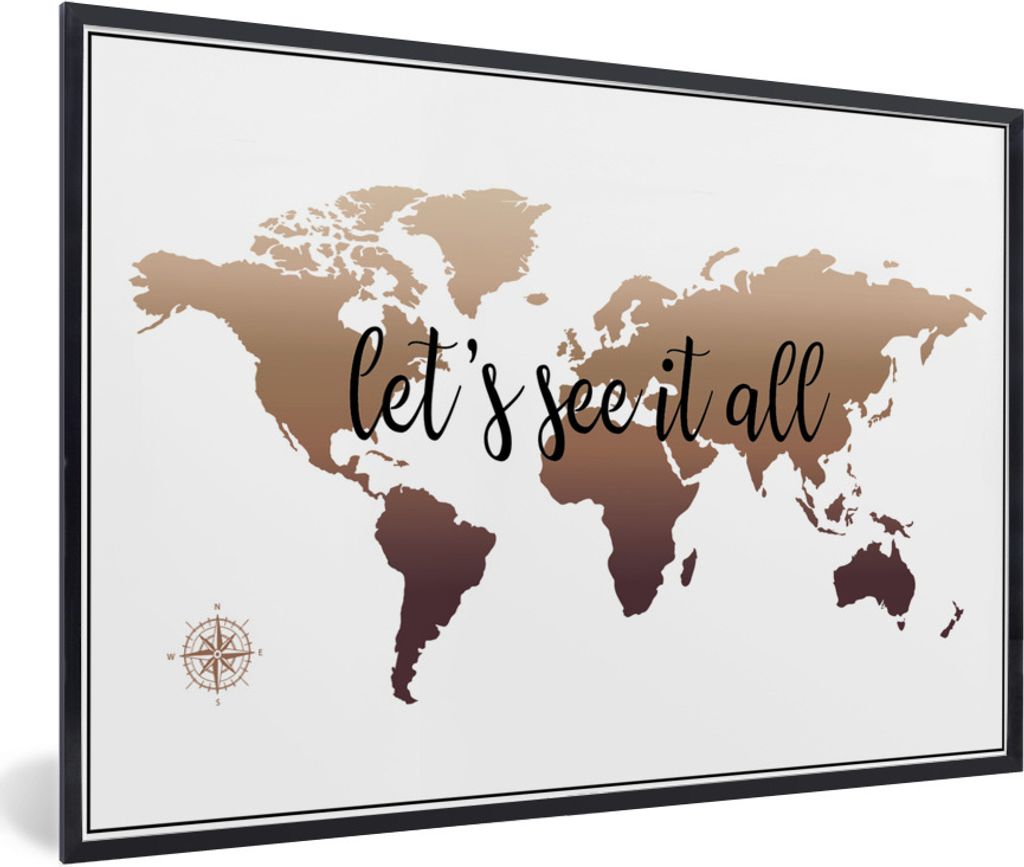 MuchoWow Gerahmtes Poster Weltkarte - Braun - Kompass 90x60 cm - Poster mit Schwarzem Bilderrahmen Wandposter Rahmen Foto Bilder - Fotorahmen - F...