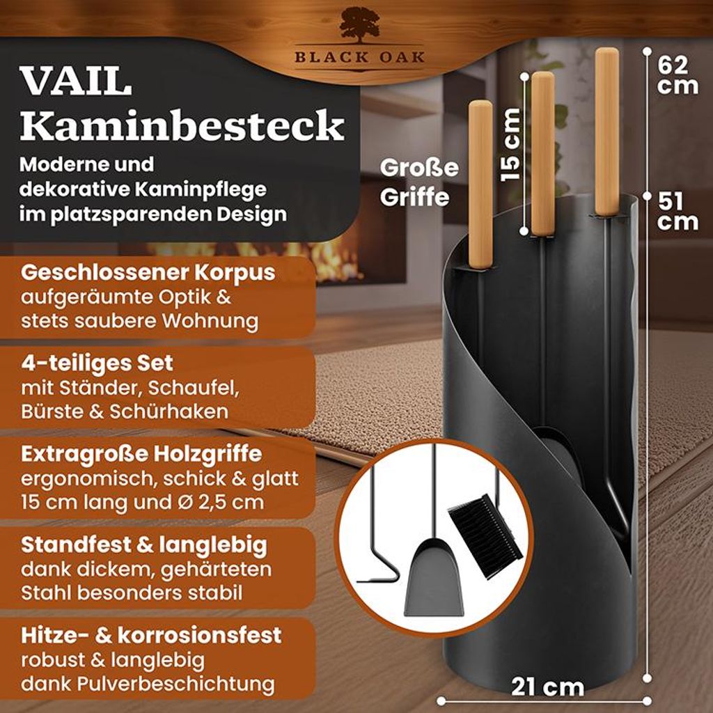BLACK OAK Kaminbesteck VAIL 4-teilig schwarz Holzgriff Produktbild 