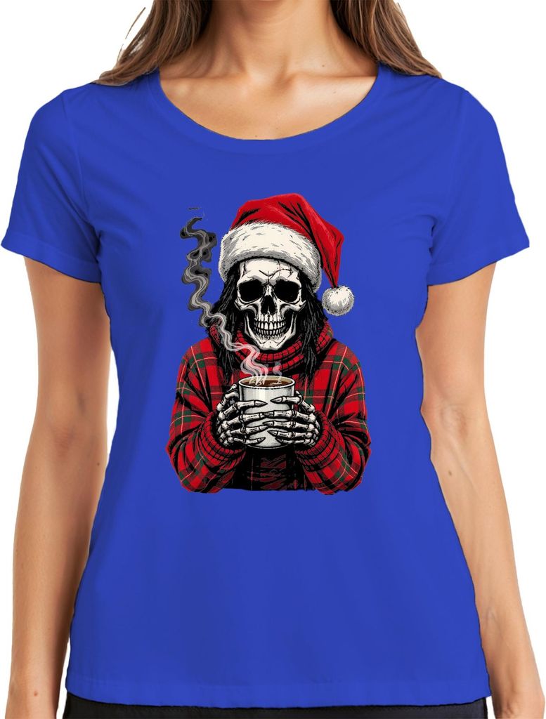 Weihnachtsmann Totenkopf Skelett Kaffee rot Karomuster Gothic Damen T-Shirt, Blau, M