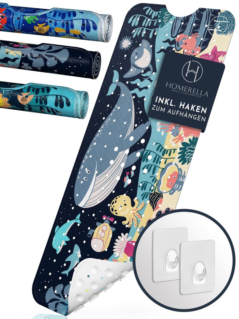 Homerella Badewannenmatte rutschfest Kinder 100x40cm - 100% BPA frei mit 2 Aufhängehaken - Antirutschmatte Badewanne Baby hautsensitiv, waschbar