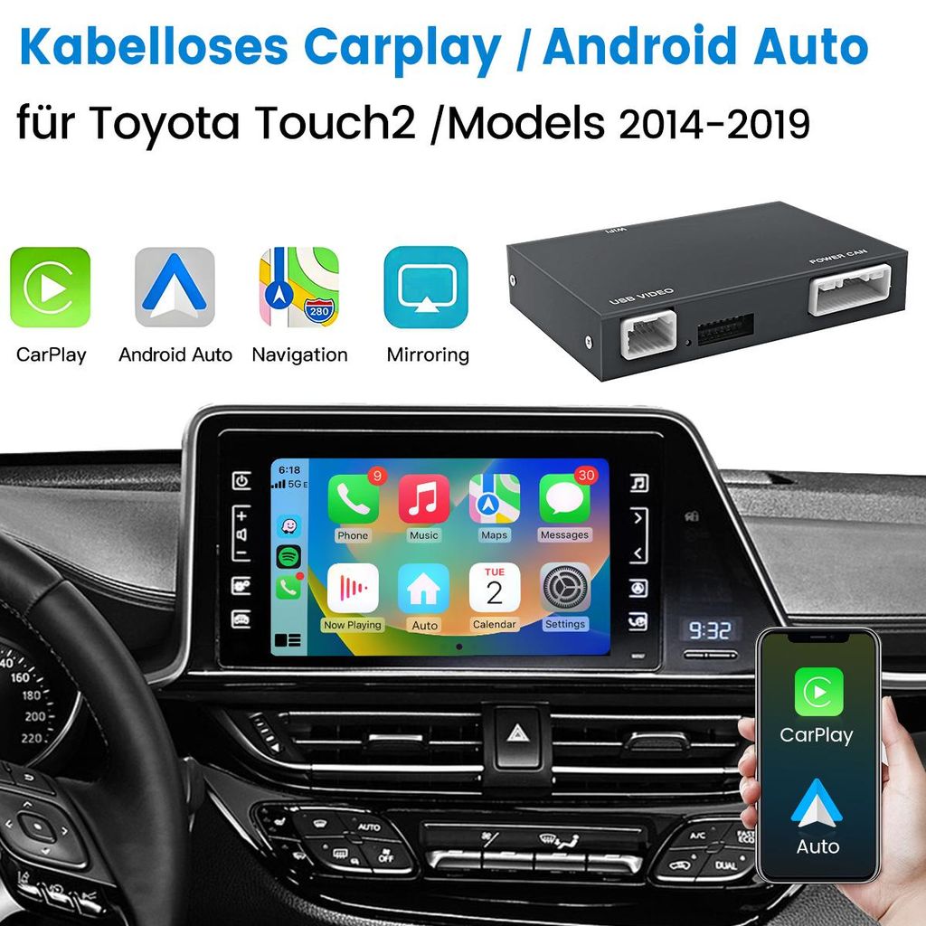 Kabelloses CarPlay Android Auto Interface Module Box Für Toyota RAV4 Corolla Tacoma Camry CHR Tundra GPS Navi SWC FM USB AUX