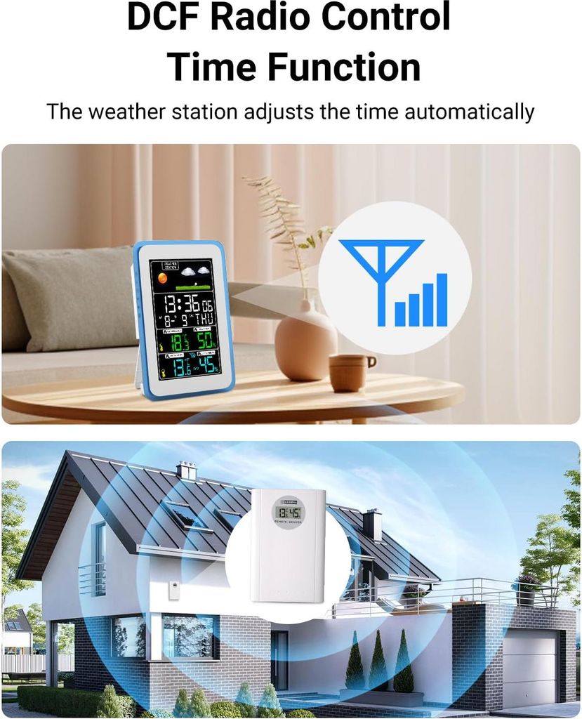 Kabellose Wetterstation mit Barometer, Uhr & Datum, Wettervorhersage für Innen- und Außenbereiche, 100 m Sensorreichweite