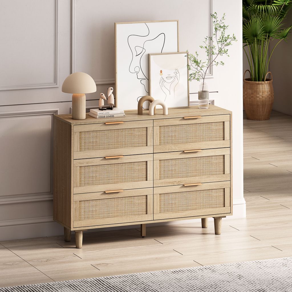 okwish Sideboard(110CM),Aufbewahrungsschrank,Beistellschrank mit Stützfüßen,Mit 6 Rattanschubladen,für Schlafzimmer, Wohnzimmer, Natur