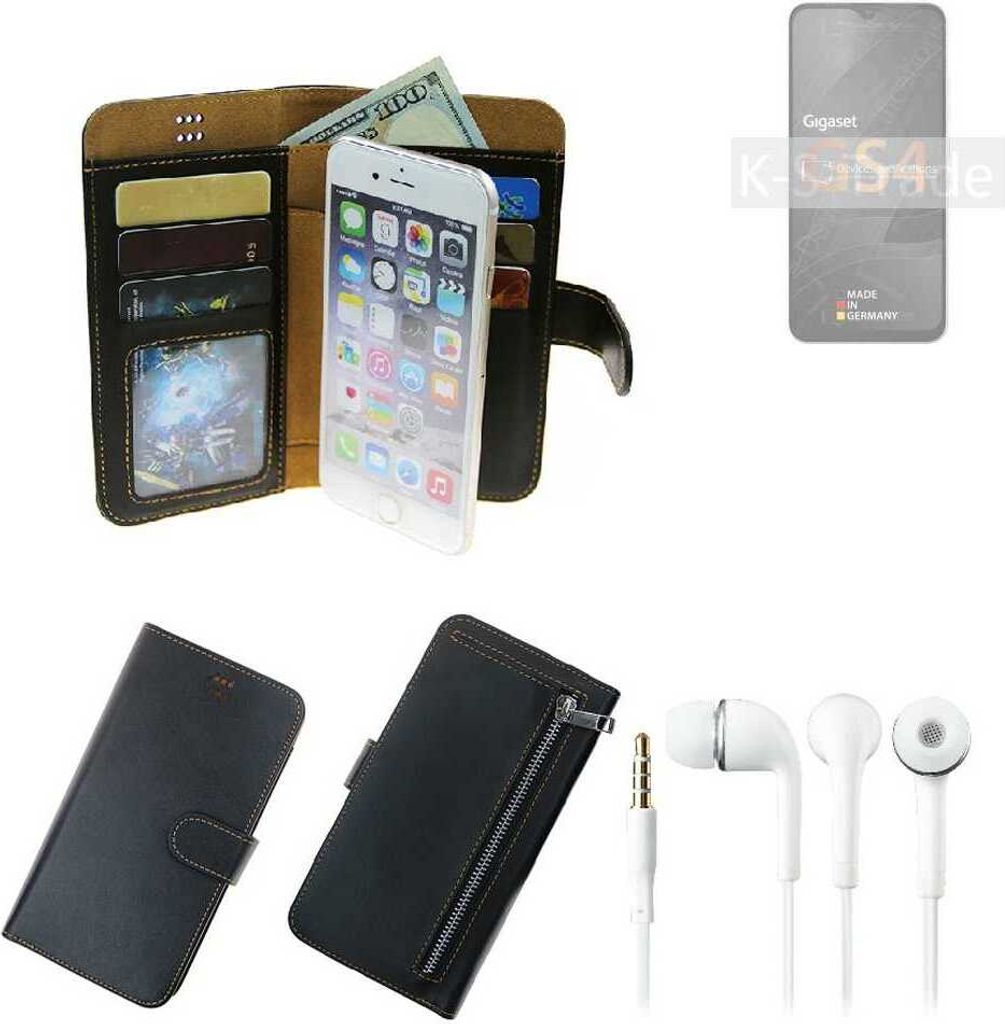 TOP SET Handy Hülle Schutz Hülle kompatibel mit Gigaset GS4 schwarz aus Kunstleder + Kopfhörer Smartphone Tasche vollwertige Geldbörse