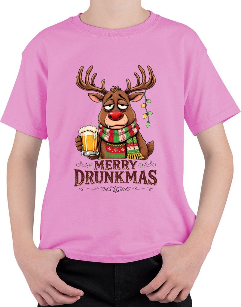 Merry Drunkmas Rentier Bier Weihnachten lustig Geschenk Retro Uni Kinder T-Shirt, Pink, 104