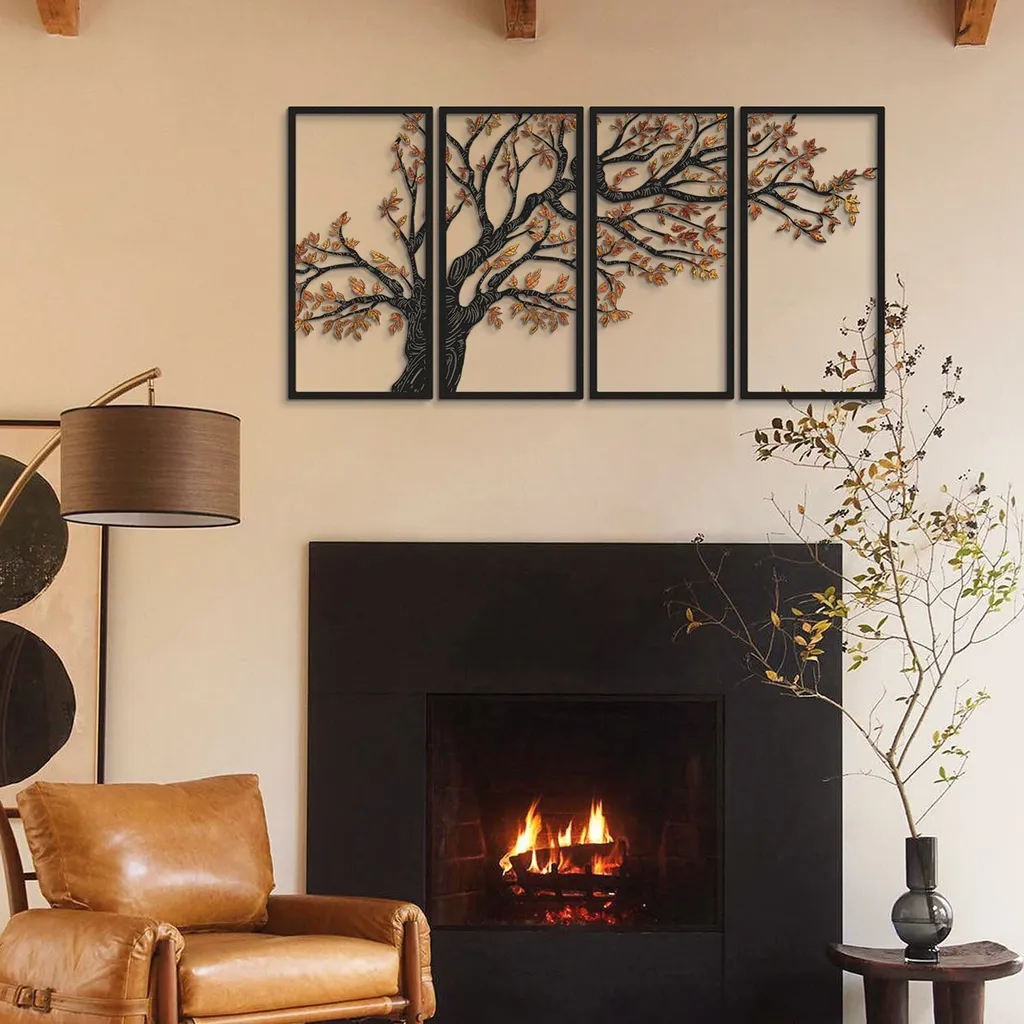 Tableau Mural en Métal Noir Autumn Vibes Set de 4 Panneaux Design 150cm