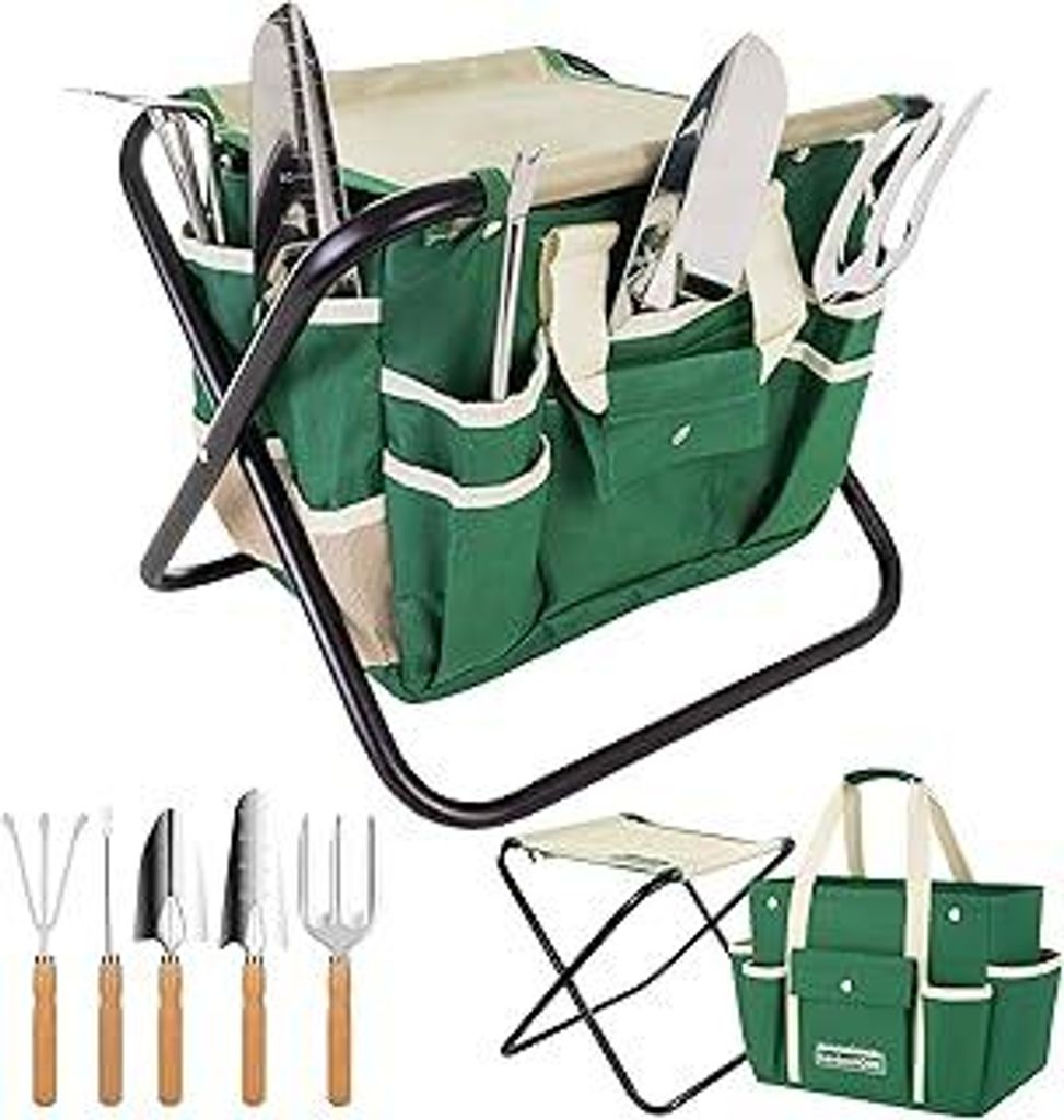 (7in1) GardenHome Gartenwerkzeug Hocker – Klapphocker inklusive 5-teiligem Edelstahl Werkzeug Set – Gratis Tragetasche zur Aufbewahrung der Gar...