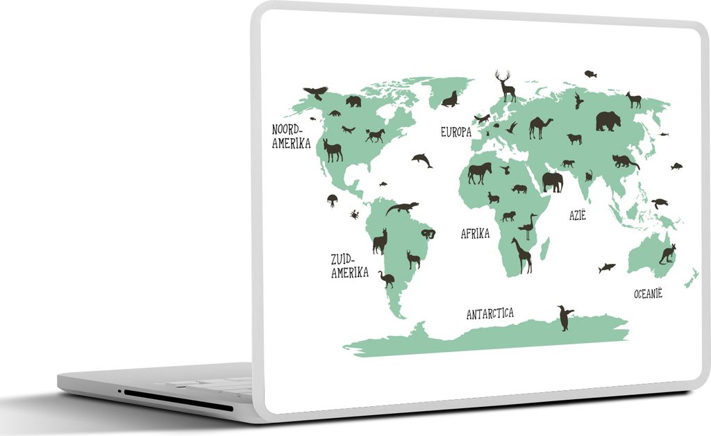 MuchoWow Laptop Aufkleber Sticker Cover Weltkarte Kinder - Tiere - Türkis 32.5x23.5 cm - Sticker für Laptop - Selbstklebend