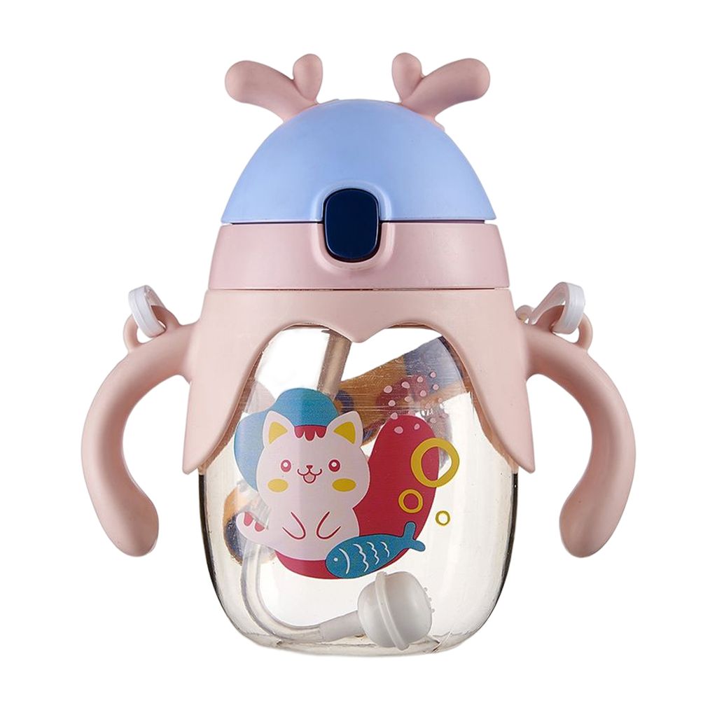 350 ml Kinder-Wasserflasche mit Strohhalm-Schultergurt, große Kapazität, lebensmittelecht, breite Öffnung, Erstickungsschutz, Cartoon-Hirschgewe...