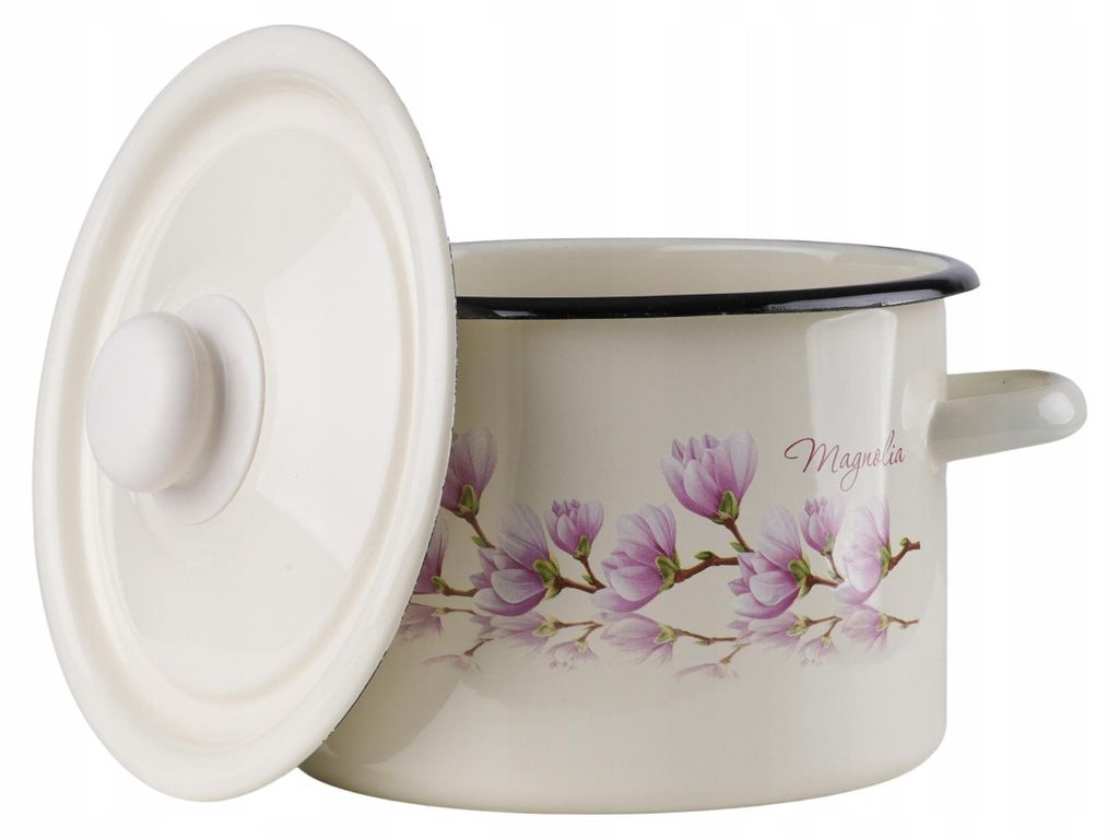 A cream-colored enamel pot with a floral design and a white lid.