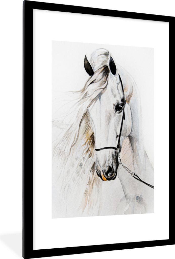 MuchoWow MuchoWow Gerahmtes Poster Pferd - Aquarell - Tiere - Weiß 60x90 cm - Poster mit zchwarzem Bilderrahmen - Dekoration - Wandposter Wohn...