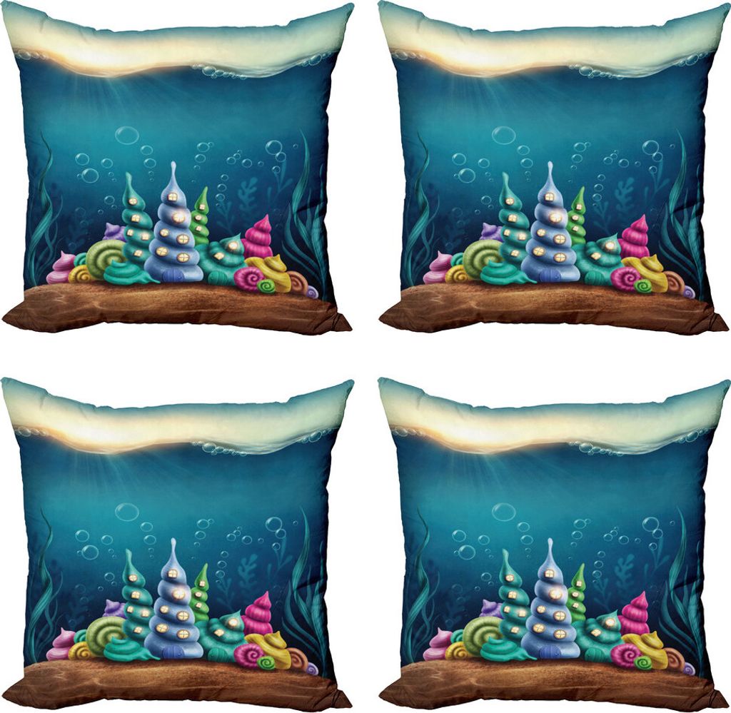 ABAKUHAUS Meer Kissenbezug Set (4 Stück), Turritella Communis Häuser, Moderner Doppelseitiger Digitaldruck, 45 cm x 45 cm, Petrol Blau und Kamel