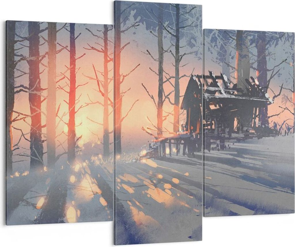 Bild auf Leinwand - Leinwandbild - Winter Wald Hütte - 130x100cm - Wand Bild - Wanddeko - Leinwanddruck - Bilder - Kunstdruck - Wanddekoration - L...