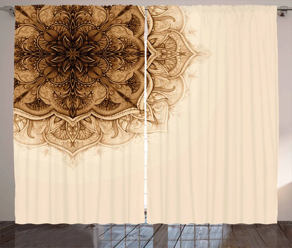 ABAKUHAUS Tenda rustica in henné, illustrazione mandala orientale, tende universali per soggiorno con passanti e ganci, 280 x 245 cm, marrone chiaro