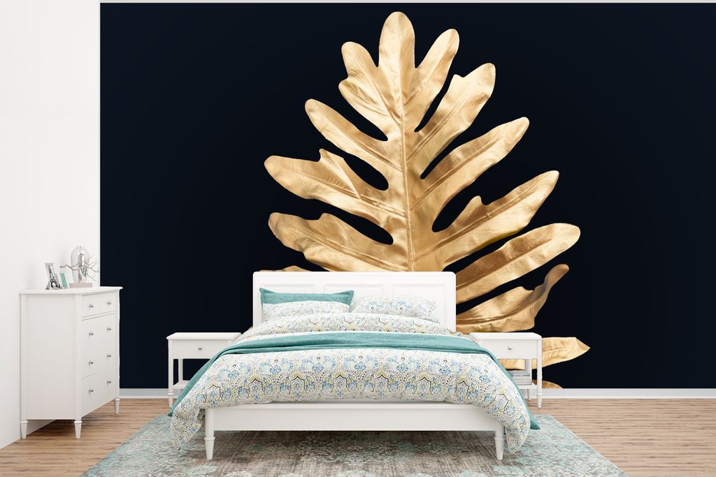 MuchoWow Fototapete für Wohnzimmer oder Schlafzimmer Wandtapete Vinyl Motivtapete Blätter - Herbst - Gold - Schwarz - Natur - Luxus - 350x260 c...