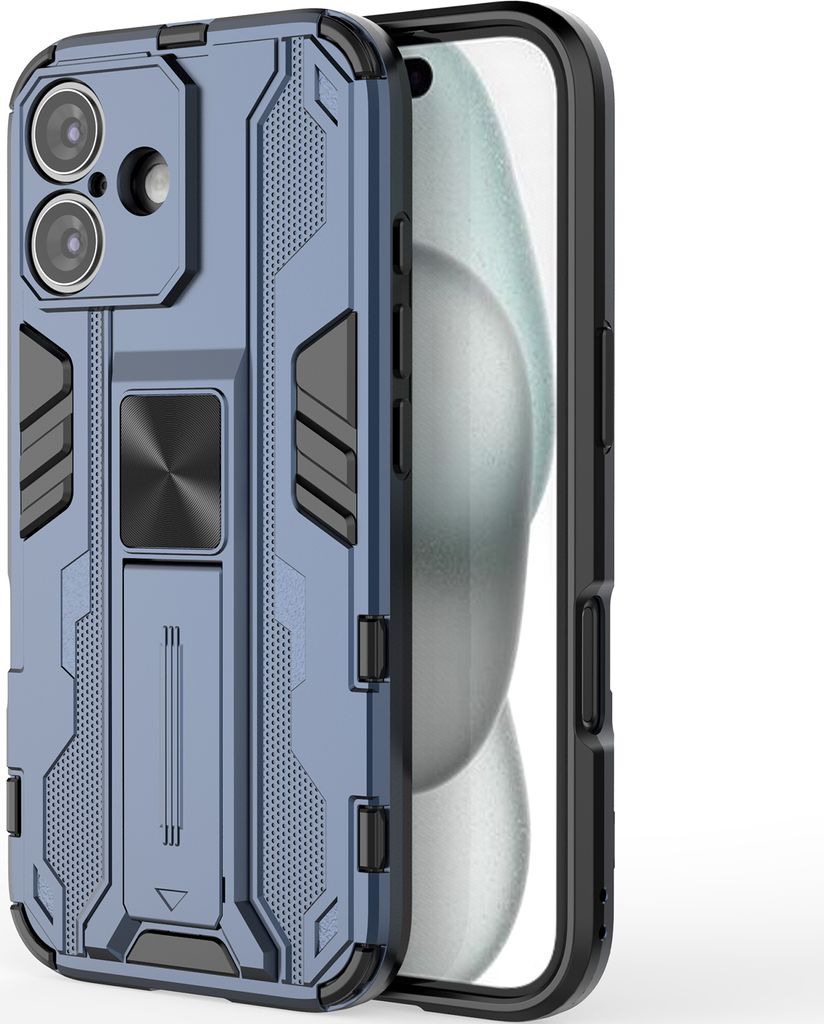 iPhone 16 Hülle, Dual Layer PC TPU Bumper Stoßfest Ständer Schutzhülle für iPhone 16 Blau
