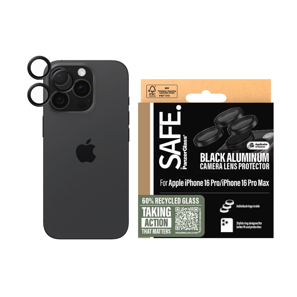 A black iPhone with camera lens protectors and its packaging are shown.