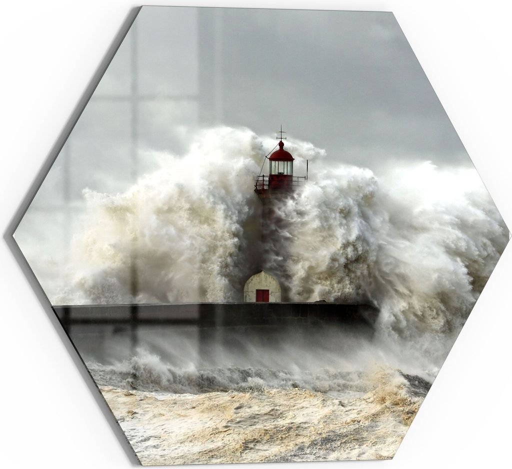 DEQORI Glasbild Echtglas 40x35 cm 'Leuchtturm bei Sturmflut' Wandbild Bild modern Deko