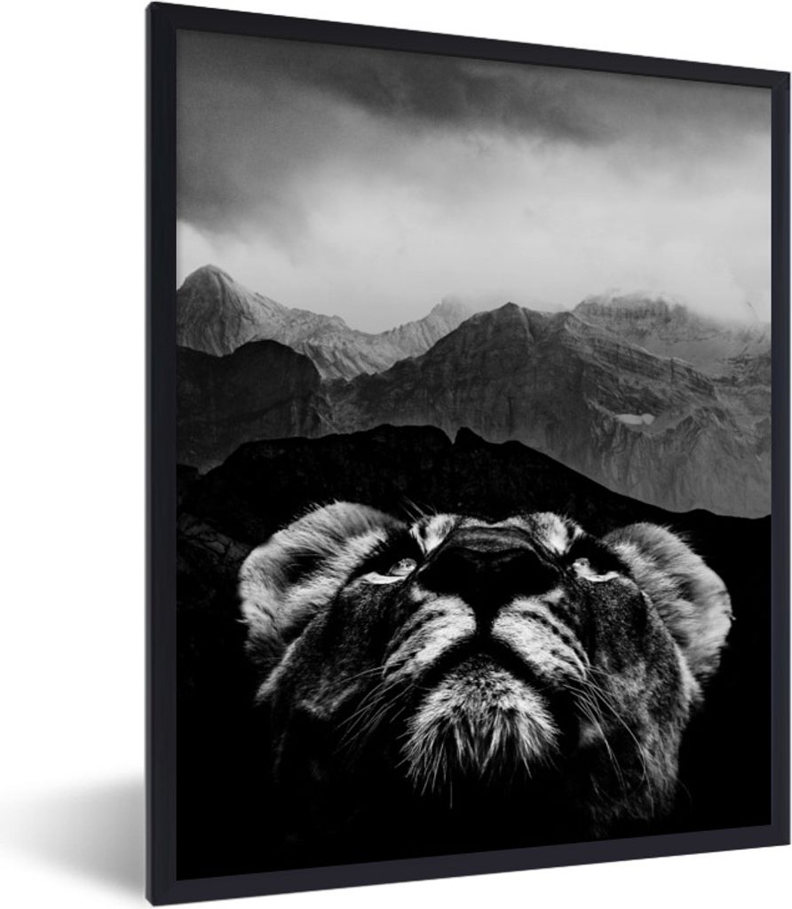 MuchoWow Gerahmtes Poster Tiger Blick nach oben mit Bergen im Hintergrund - schwarz und weiß 30x40 cm - Poster mit Schwarzem Bilderrahmen Wandpo...