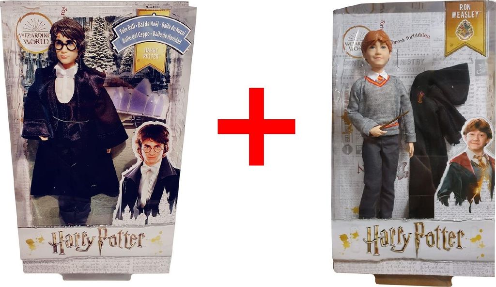 Harry Potter Puppe im schwarzen Anzug GFG13 und Ron Weasley in Hogwarts-Uniform FYM52, Sammlerfiguren, 2er-Set, Wizarding World, Geschenk-Set